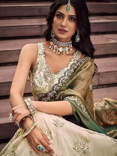 Zeel Clothing Women's Dori, Sequins and Thread Embroidered Work Cosmos Silk Lehenga Choli With Dupatta (6019-Green-Women-Lehenga-Choli-Latest; Free size)