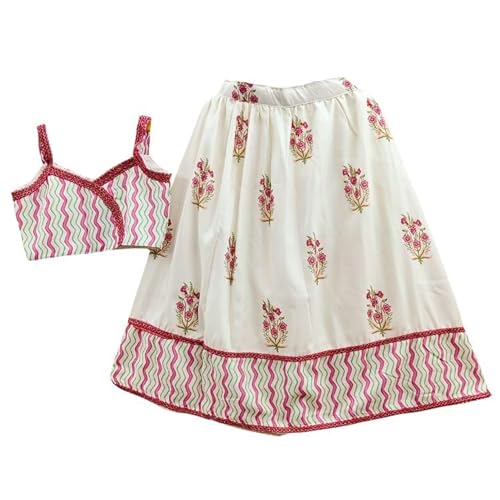 Q-one Store Girls Ethnic Lehenga Choli Set | Printed Rayon Blouse with Lace Border Skirt | Traditional Outfit for Children (2-3 Years)