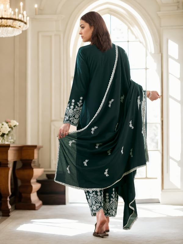 V4M Women's Embroidered Teal Blue Straight Pure Cotton Kurta Set