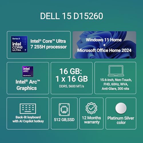 Dell 15 Ai Powered Laptop, Intel Core Ultra 7 255H, 16GB DDR5 RAM, 512GB SSD, 15.6" FHD Anti-Glare Display, Intel Arc Graphics, Backlit Keyboard, Dedicated Copilot Key, Silver, Win11 Home + MSO H&S'24