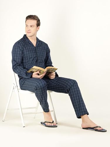 Hancock Men Cotton Checked Relaxed Fit Night Suit Navy Blue Size L