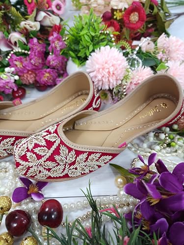 Fulkari Women Iris Velvet Magenta Gold Formal Genuine Soft Leather Jutis | Bite and Pinch Free Juttis | Punjabi Jutti | Girl's Wedding Flat Ladies Mojari Ethnic Juti | 42