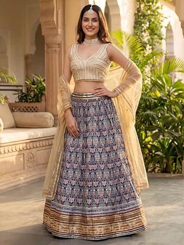 Zeel Clothing Women's Digital Print With Gota Patti Art Silk Lehenga Choli With Dupatta (5053-Blue-Women-Lehenga-Choli-Set; Free Size)