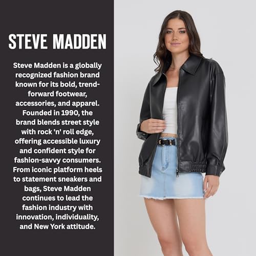 Steve Madden Leather Jacket Women – Faux Leather Oversized Bomber Jacket Women, Plus Size Motorcycle Jackets, Black, X-Large