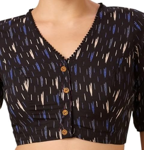 Studio Shringaar Women's Cotton Ikat Printed Elbow Length Sleeves Saree Blouse (Black, 36)