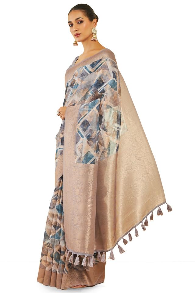 Soch Womens Grey Tussar Silk Saree With Geometric Print And Zari Woven Designs