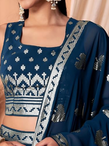 Zeel Clothing Sequins Thread Embroidered Work Pure Georgette Semi Stitched Lehenga Choli With Dupatta (5117-Blue-Women-Lehenga-Choli-Latest; Free Size)