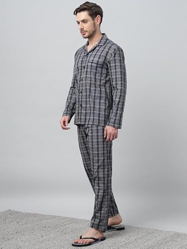 Hancock Men Cotton Checked Night Suit Navy Blue Size S
