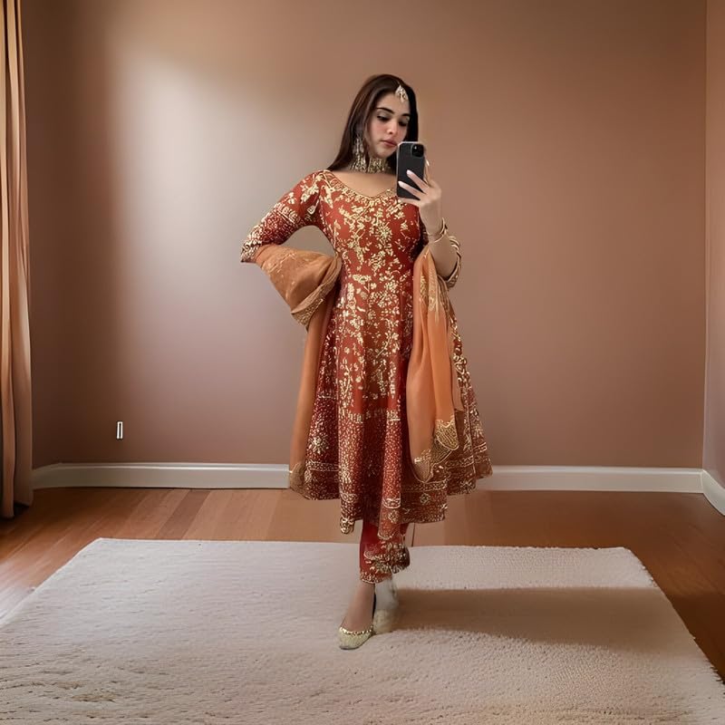 Brulry Women's Orange Color Georgette V-Neck Knee Length Anarkali Kurta Pant With Dupatta