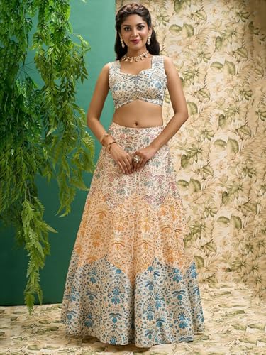 Zeel Clothing Women's Zari And Digital Print Work Art Silk Semi Stitched Lehenga Choli With Dupatta (5073-Multi-Womens-Lehenga-Choli-Latest; Free Size)