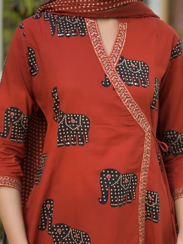 Divena Red Animal Print Cotton A-Line Kurta Pant with Dupatta
