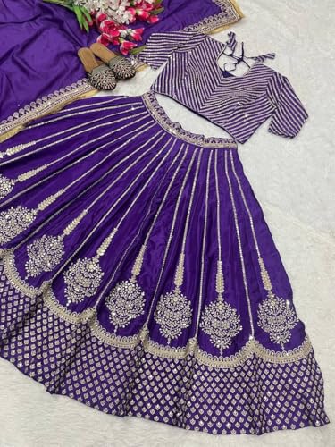 Forteo Fashion Wedding Embroidered Lehenga Choli, Purple with Silver Work, Heavy chinnon Work // Free size lahegha choli