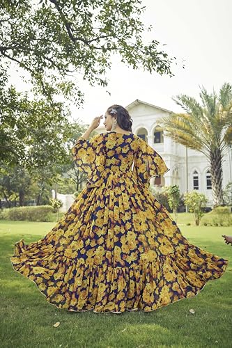 Samprag Georgette Gown for Women | Full Length | Printed | Fit & Flare | Flared & Bell Sleeves | Round Neck | Ethenic Dress | Ideal for Casual, Wedding & Party Occassions | Yellow | M