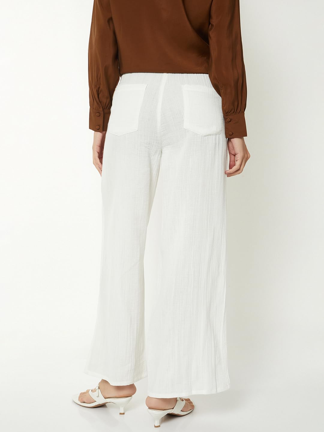Max Women Textured Wide Leg Trousers (Ivory_XS)