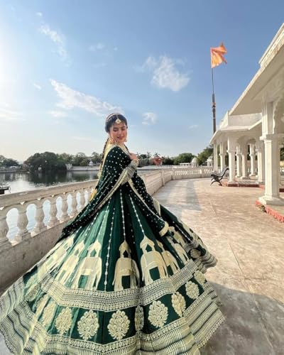 Artyfly Women Embroidered Chinon Silk Ethic Set with Dupatta Wedding and FestiveWear Traditional Outfit (Green)