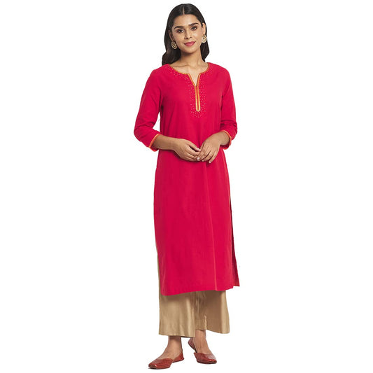 Fabindia Women Cotton Embroidered Long Kurta Red_XL