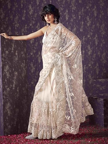 Womanista Women's Net Embroidered Saree (TI6580_Cream)