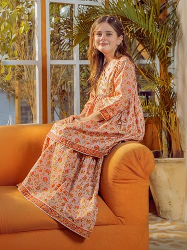 Naixa Girls Orange Rayon Round Neck 3/4 Sleeve Floral Printed Flared-Fit Kurta and Sharara with Dupatta Set | latest Floral Designer Printed Salwar Suits Set With Dupatta for Girls (SE40_5-6 Year)