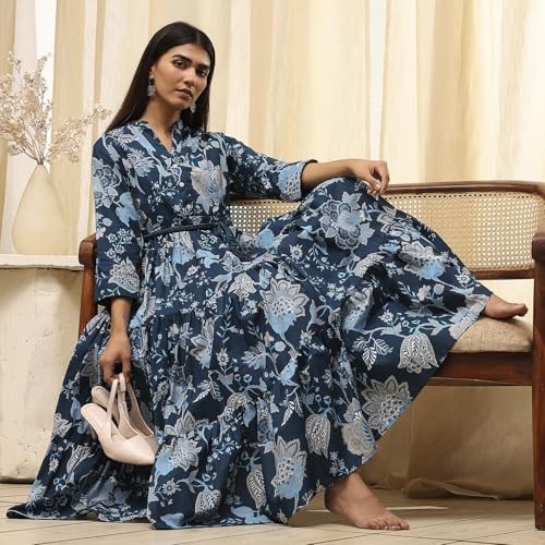 Biba Women Earthy Blue Cotton Dress_34