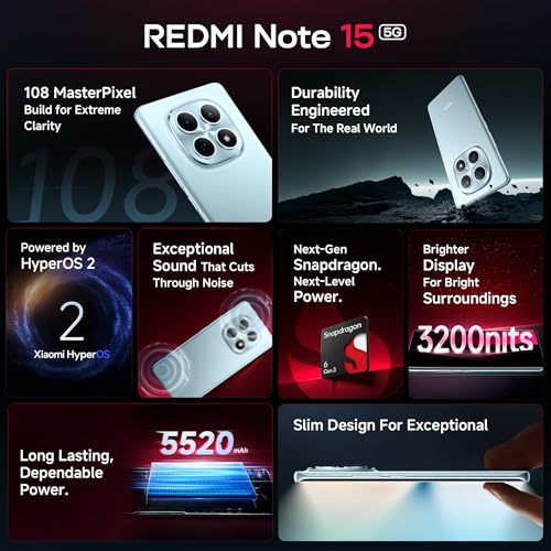 REDMI Note 15 5G (Black, 8GB RAM 256GB Storage) | 108MP OIS Camera | Snapdragon 6 Gen 3 | 17.2cm Tough Curved AMOLED Screen | Segment's Slimmest Phone | 5520mAh Battery | 45W Fast Charging