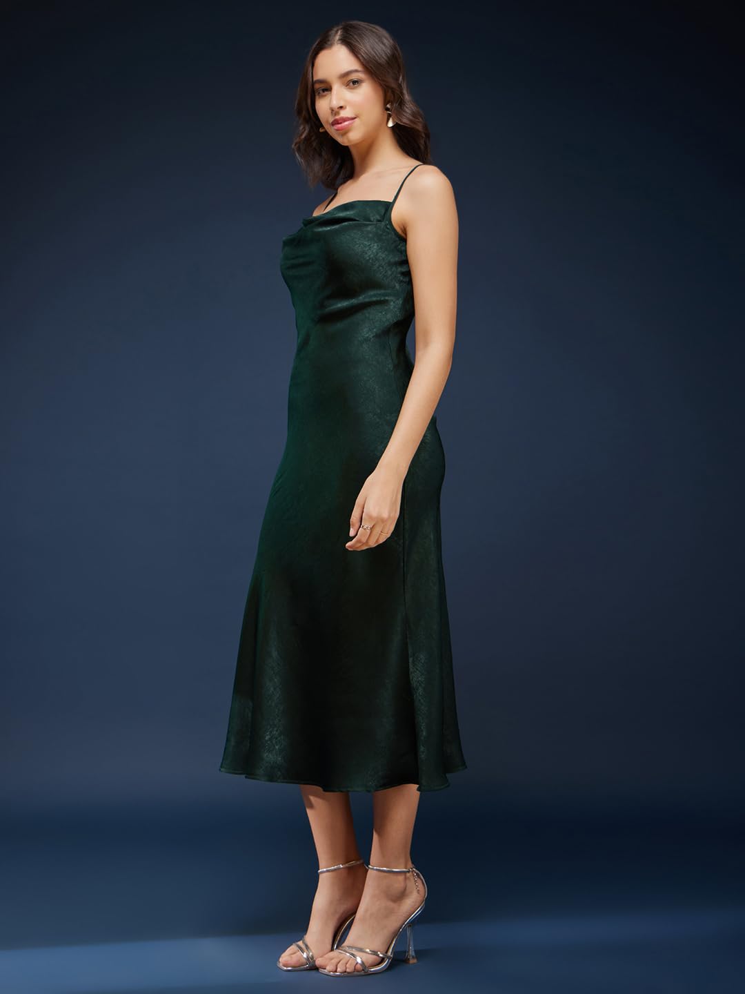 FableStreet Women Satin Cowl Neck Slip Dress - Olive (FSDR1105BTGR-L), Knee-Length, Sheath