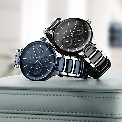Titan Ceramic Fusion Quartz Multifunction Black Dial Two Toned Silver and Black Stainless Steel Bracelet Watch for Men - NT90148KD01
