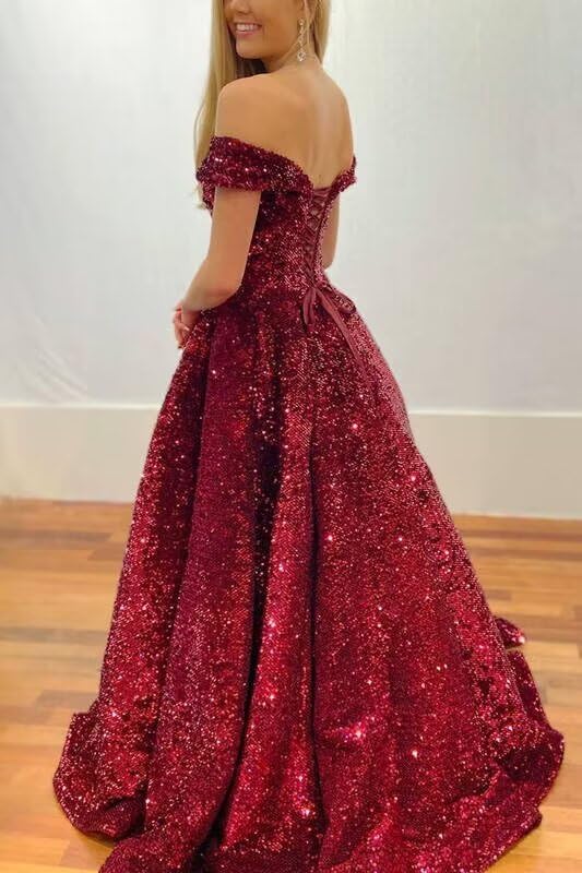 Homdor Women's Off Shoulder Sequin Prom Floor Length Dresses for Teens Plus Size Ball Gown Sparkly Quinceanera Dresses Formal Evening Gowns, Black, 18