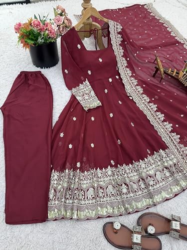 JIYA'S Collection Exclusive Designer Georgette Embroidered Gown Set for Women with Sequence Work Dupatta (in, Alpha, L, Regular, RED)