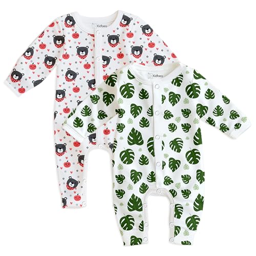 Kidbea Organic Cotton Full Sleeve Romper | Leaf & Bear Print Romper/Bodysuit (Grey, Pink & Green, 18-24 Months)