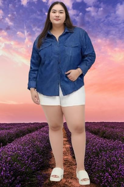 Women's Blue Button-Down Shirt, Long Sleeve, Chest Pockets, Plus Size Shirt for Women & Girls (in, Alpha, XL)