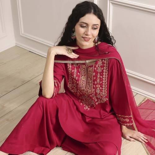 Biba Women's Rayon Kurta Set (SKDVRNSI30546AW25RED_Red