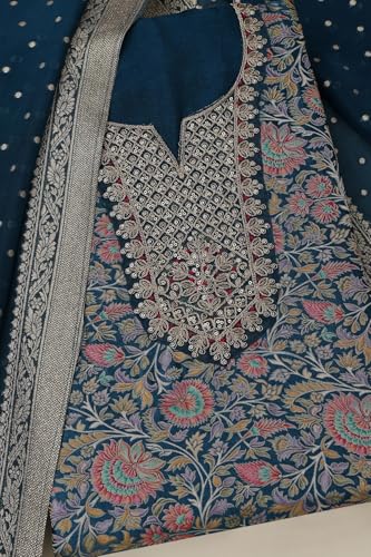 Soch Womens Blue Silk Blend Floral Print Unstitch Dress Material With Sequins