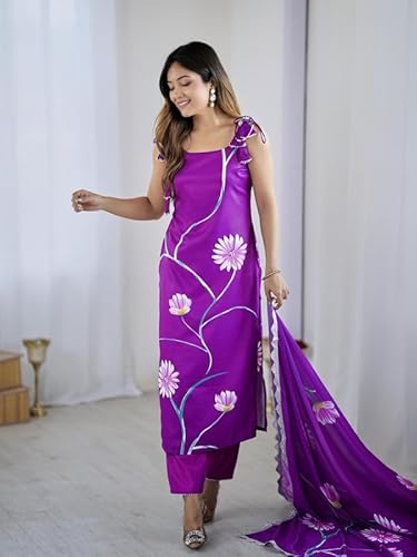 AVYUKTHA | Women Floral Embroidered Kurta with Pyjamas & Dupatta | Thread Work Ethnic Kurta Set for Women | Festive & Daily Purple | Size- M