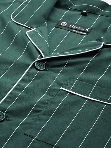Hancock Men Cotton Striped Pyjama Set Bottle Green Size L