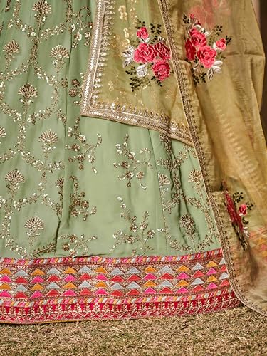Zeel Clothing Women's Zari Sequins Embroidered Georgette Lehenga Choli With Dupatta (5086-Pista-Wedding-Stylish-New; Free Size)
