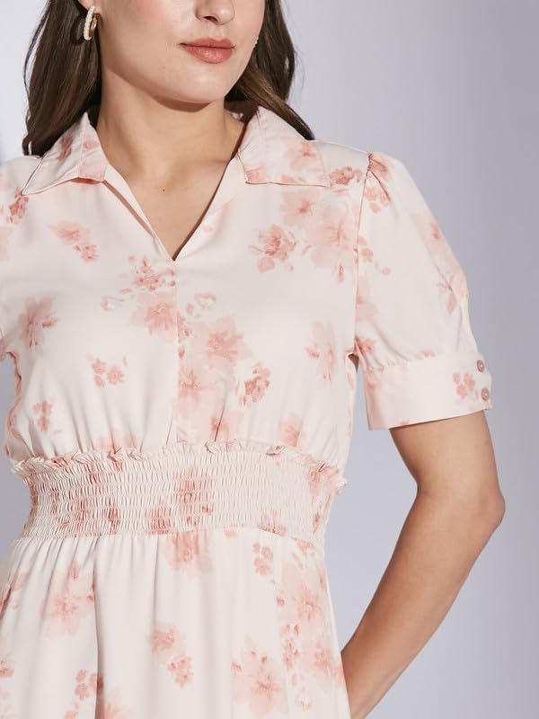 Latin Quarters Women Pink Shirt Collar Half Sleeve Floral Dress_L