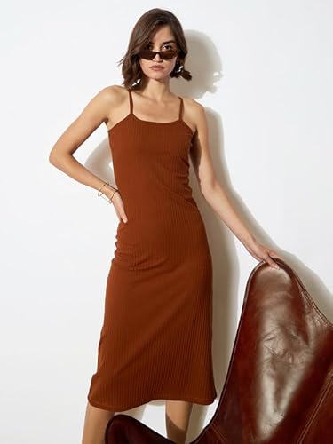 barcino Brown Rib Strappy Slip-on Dress