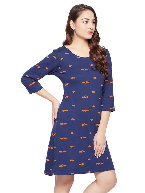 Clovia Women's Cotton Printed Short Night Dress with Pocket (NS6489D08_Navy Blue_M)