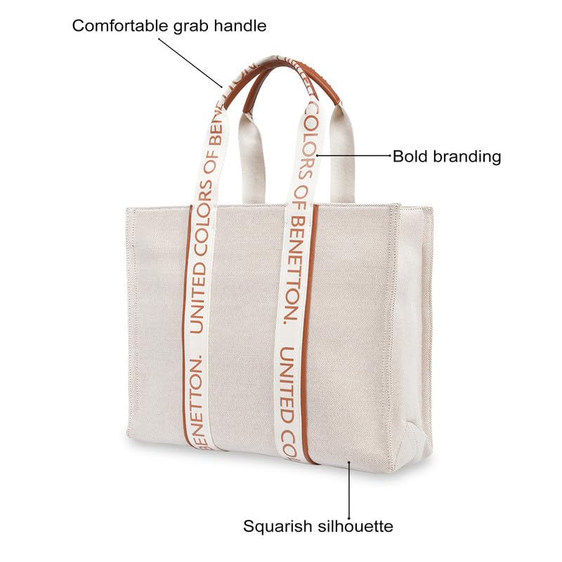 United Colors of Benetton Women's Giada Canvas Tote Bag - Off White & Tan | Spacious Everyday Tote with Zipper | Stylish Handbag for Women | Ideal for Gifting