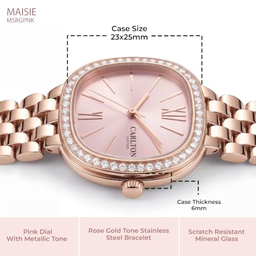 Carlton London Women's Watch Maisie Pink Rectangle Dial MSRGPNK | Pink Dial | Rectangle Dial Shape | Rose Gold Stainless Steel Bracelet | Quartz Movement