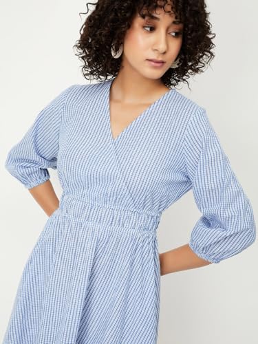 Women Striped Wrap Dress, Blue, M