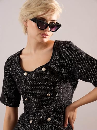 Sassafras Women Black Tweed Round Neck Short Dress S