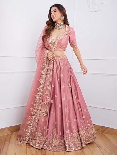 Zeel Clothing Women's Art Silk Semi-Stitched Sequins Dori Embroidered Lehenga Choli with Dupatta (7091-Pink--Lehenga-Choli-Latest; Free Size) (Pink)