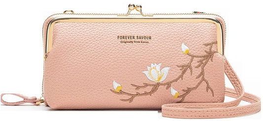 MOCA Women Sling Cross-Body Wallet with Mobile Cell Phone Holder Pouch Pocket Purse Clutch Bag with Card Slots/Shoulder Strap For Womens (Pink)