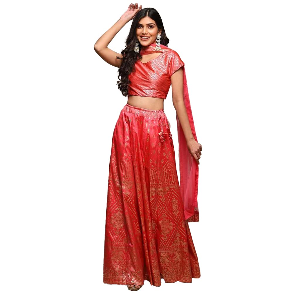 BIBA Tafetta Silk Women Printed Flared Salwar Kurta Dupatta(Skdsummer S8500_Coral Pink_34), Lehenga Choli Set, Readymade