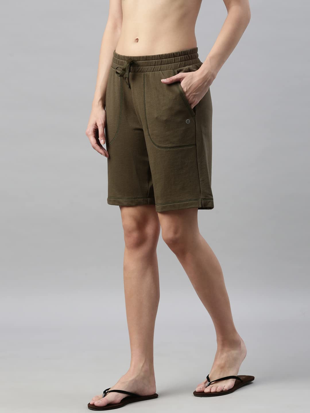 Enamor Essentials Women's Mid Rise Relaxed Fit 100% Cotton Knee Length Shorts Bermuda with Elasticated Waistband and Pockets - E080(E080-Army Green -L)