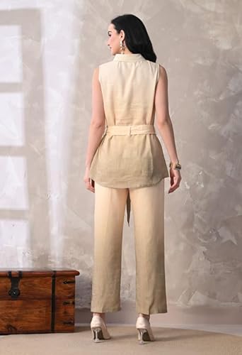 KIZA Women Beige Linen Co-ord Set Sleeveless Tunic Top with Belt & Straight Pants | Breathable Summer Wear Stylish Cord Set | Casual Office Wear Two Piece Outfit for Women