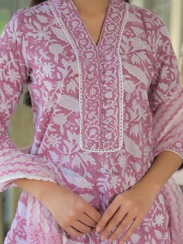 Divena White & Pink Cotton Block Print Kurta Pant with Dupatta