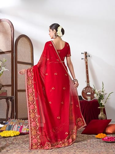 Laxmipati Gajak Red Chiffon Floral Embroidered Saree