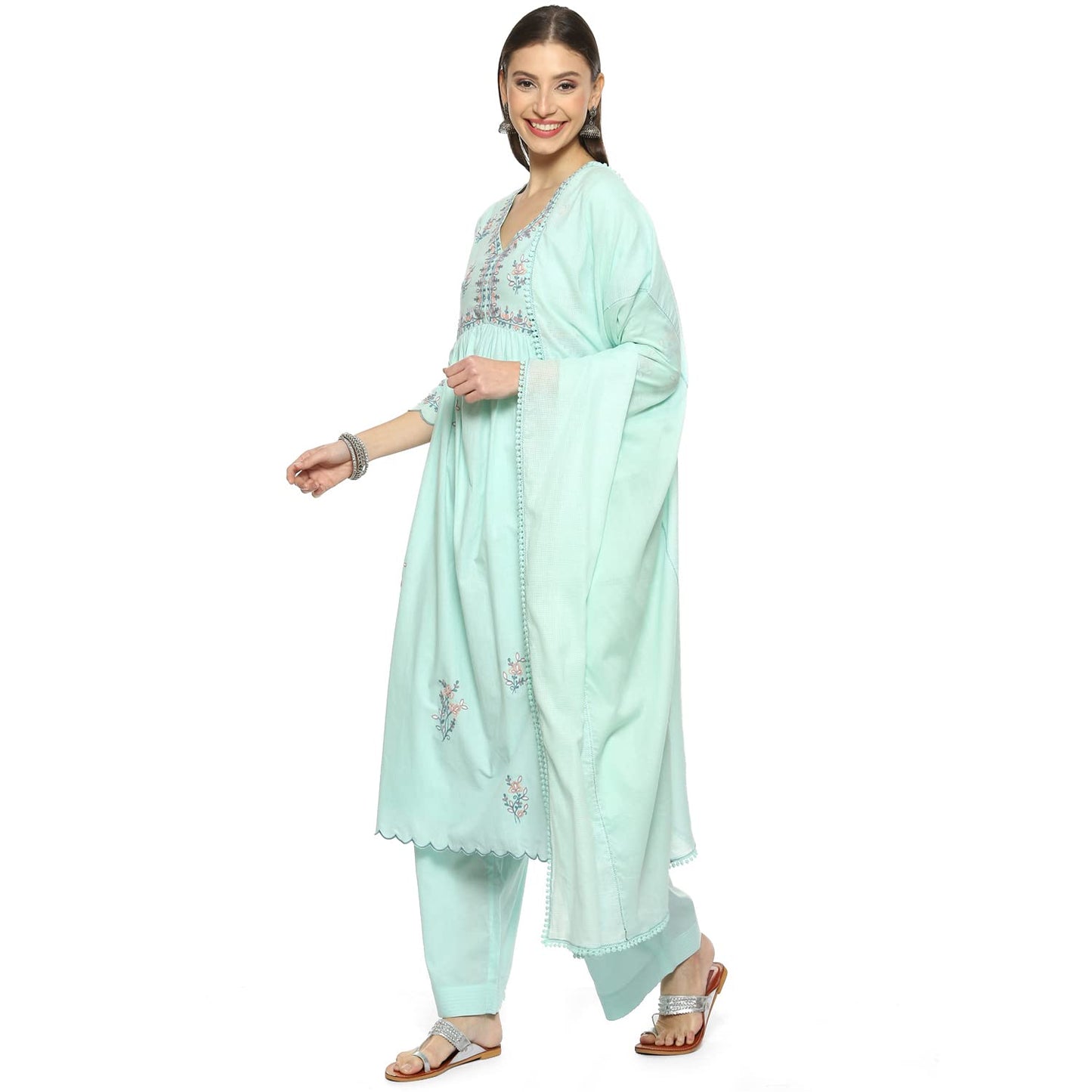 BIBA WOMEN EMBROIDERY STRAIGHT SALWAR KURTA DUPATTA(SKDPHULWARI8666_AQUA_38)